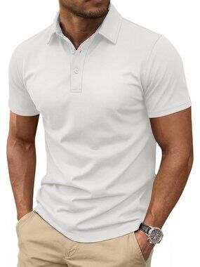 Men's White Cotton Pique Polo Shirt Short Sleeve 3 Button Classic Fit Golf
